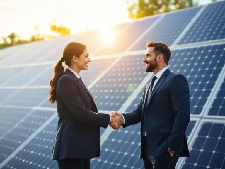 Liikemies ja nainen kättelevät aurinkopaneelien edessä, symboloiden puhtaan energian kumppanuutta ja sopimusta.